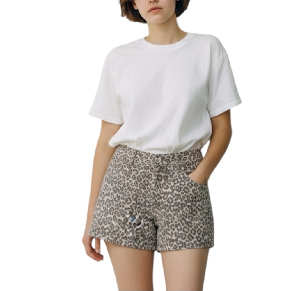 CYNTHIA ROWLEY 100% Linen Shorts in Gray/Cream Leopard Print Pockets Size 2